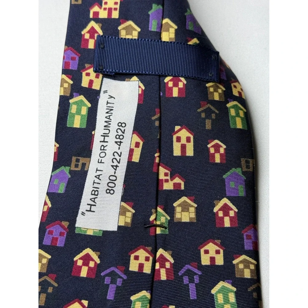 Habitat for Humanity Silk Necktie Navy Blue Houses Novelty Print Men's Accessory